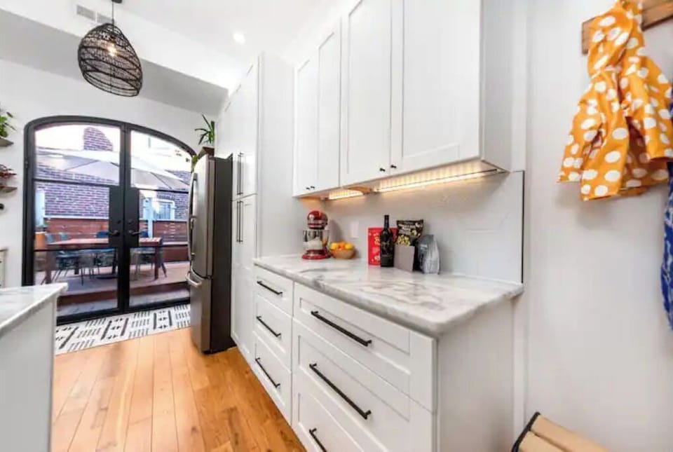 We love cooking, so there are many appliances and a fully stocked pantry.
