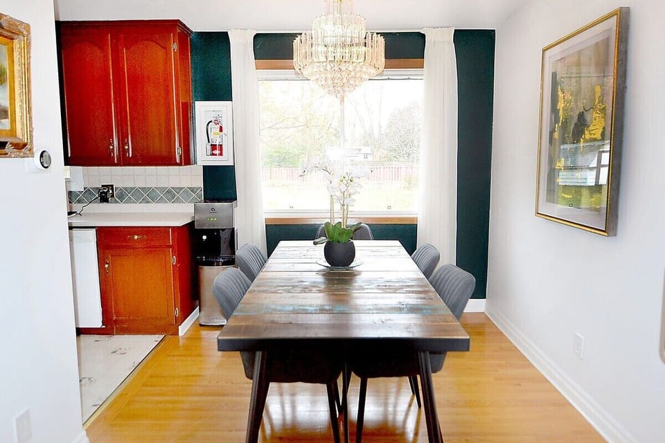 Dining Table & Seating, Vintage MCM Chandelier, and Wall Art