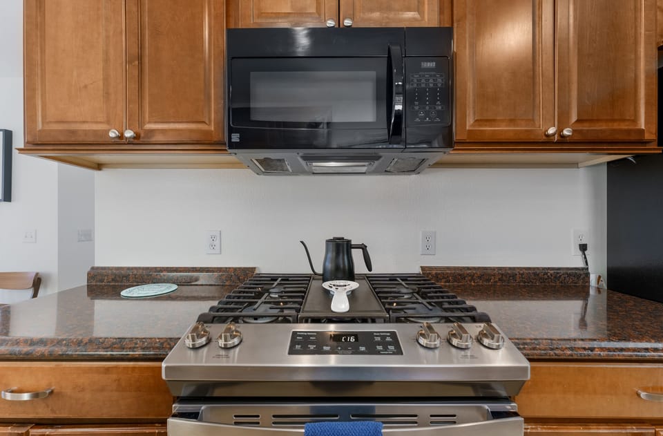 The microwave is conveniently placed within reach