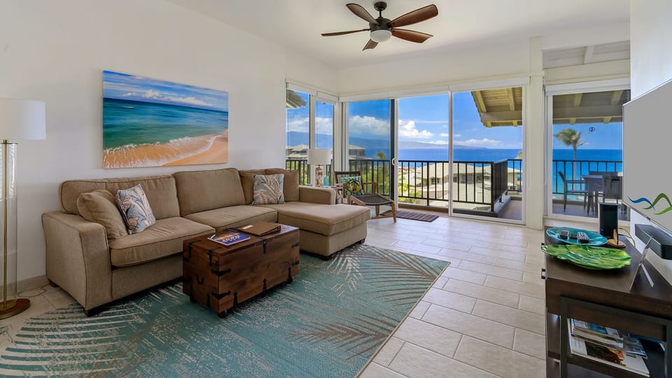 Kapalua Bay Villas #31B1 - Living Room & Lanai Ocean View - Parrish Maui