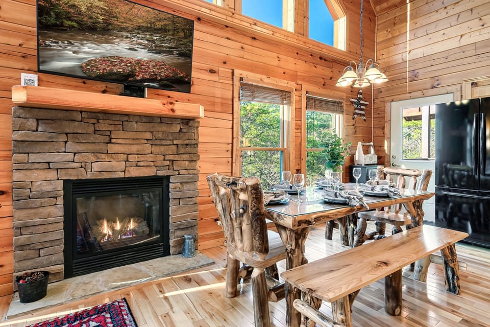 Dining table that sits 8 people. Plus there are 3 stools by the kitchen island.