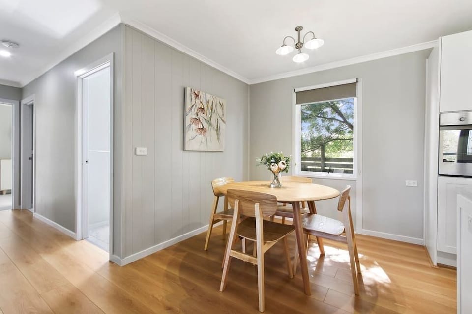 Dining room table with garden view.