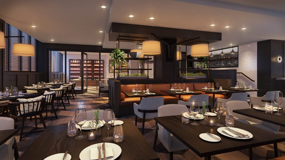 Savor a beautifully set dinner in a warm, modern space.