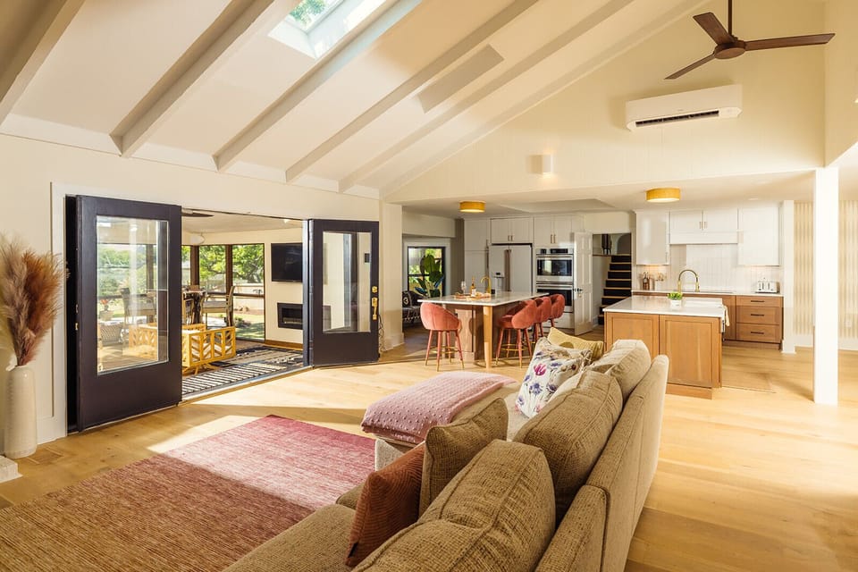 Main House Living Room & Kitchen, opening to screened in porch