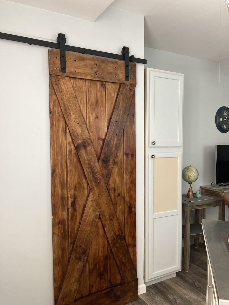 The bathroom area is behind the door.