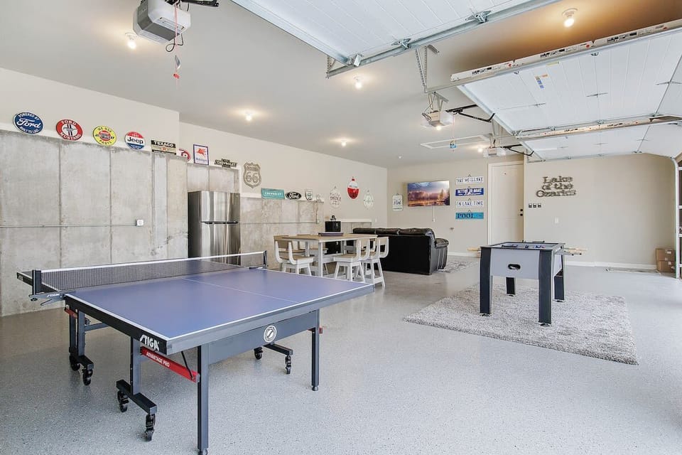 The epoxy floor in our man-cave is the starting point for private pickleball, ping pong, foosball, card games, watching the latest game or just chilling on the coach with a cold one from the fridge.