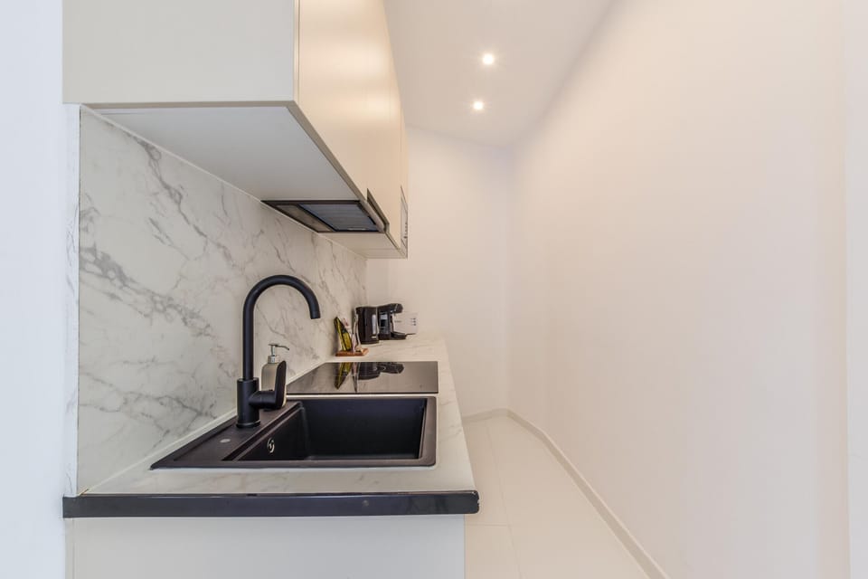 Main view of the kitchen space with appliances