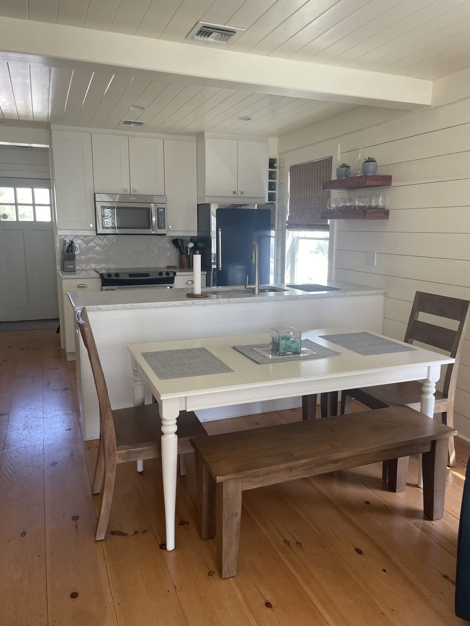 Open kitchen, dining, and living area