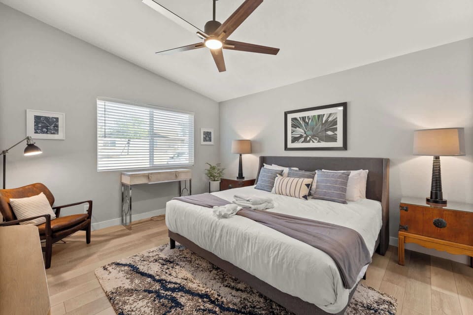 Natural light and simple accents in the guest bedroom.