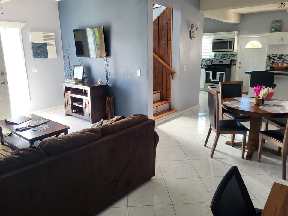 Corner shot of the living and dining rooms