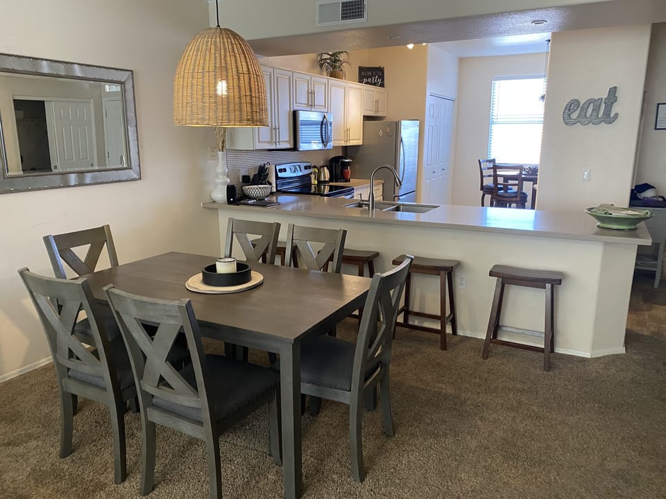 Dining room table and seating