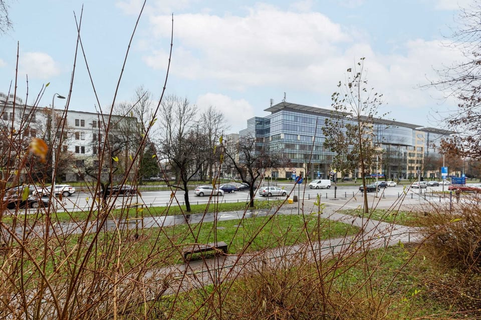 A scenic outdoor view showcasing a tree-lined park and residential buildings in the distance.