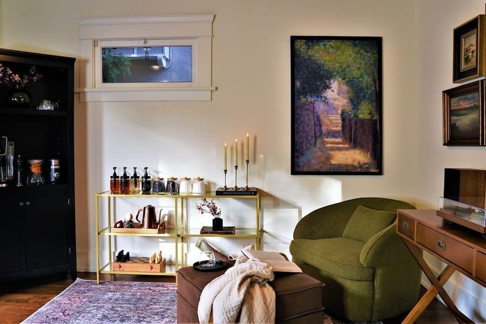 Coffee Bar with record player:  Throw on a record, enjoy your drink and the view of the greenery.
