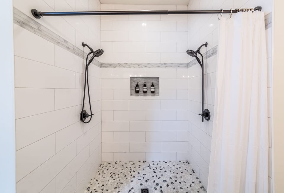 Large double-headed shower in the primary bathroom