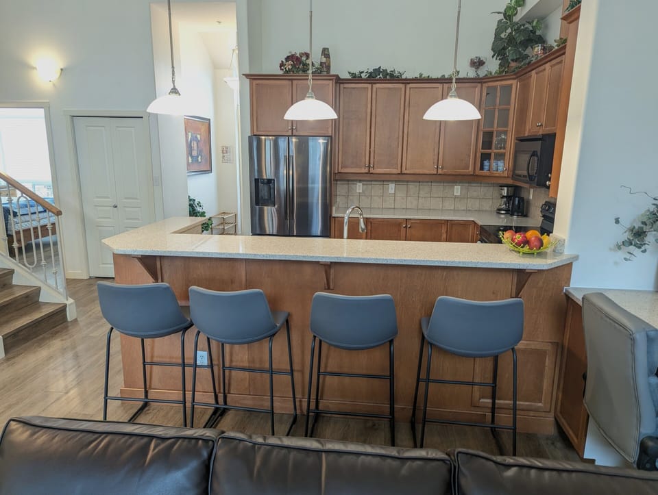 The kitchen is completed with a stove, microwave, dishwasher, and fridge 