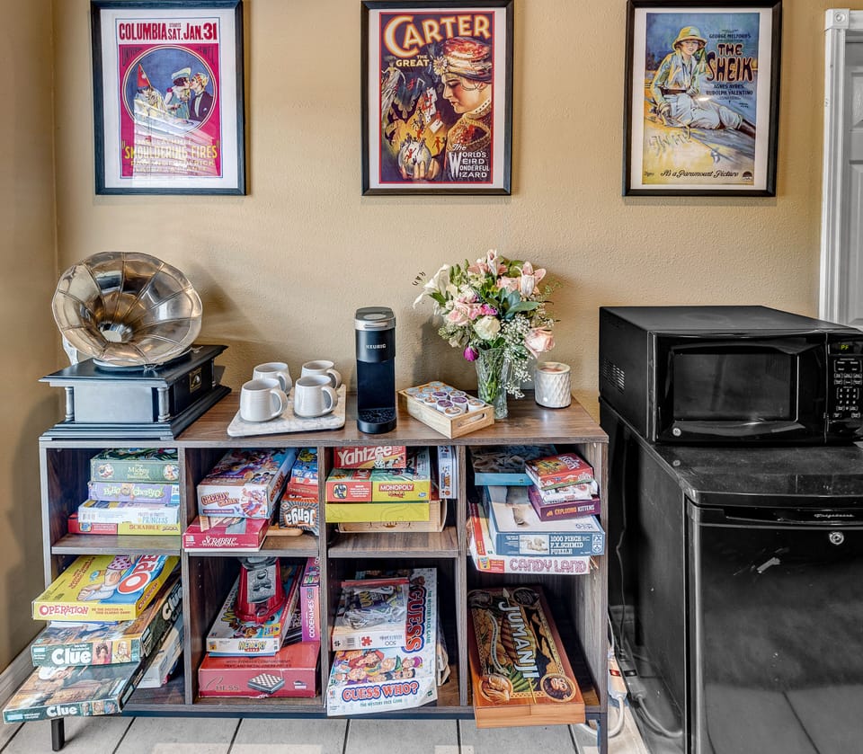 Lots of snacks, drinks, board games along with a mini fridge Microwave and coffe