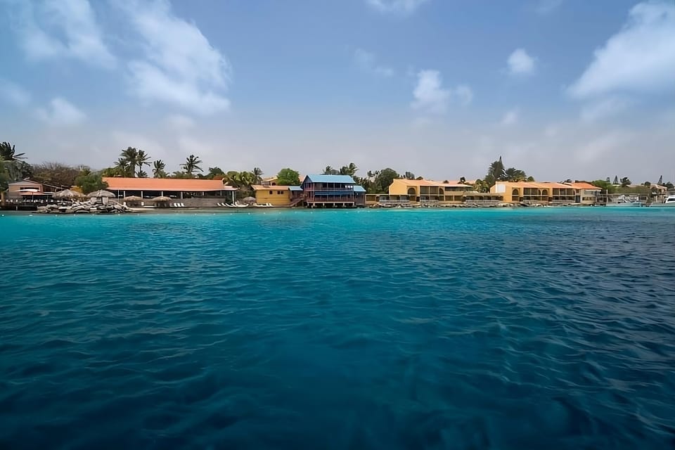 Gaze across sparkling blue water toward the relaxed shoreline.