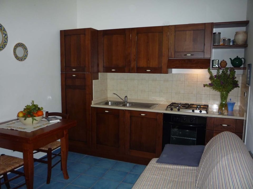 Open plan kitchen, table and sofa bed