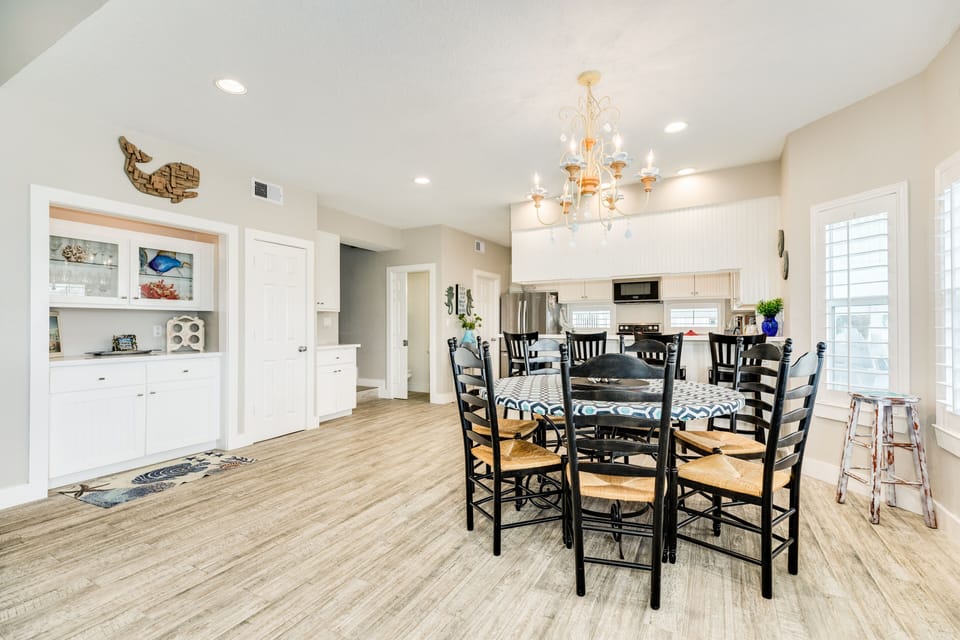 Easily serve meals from the adjacent kitchen
