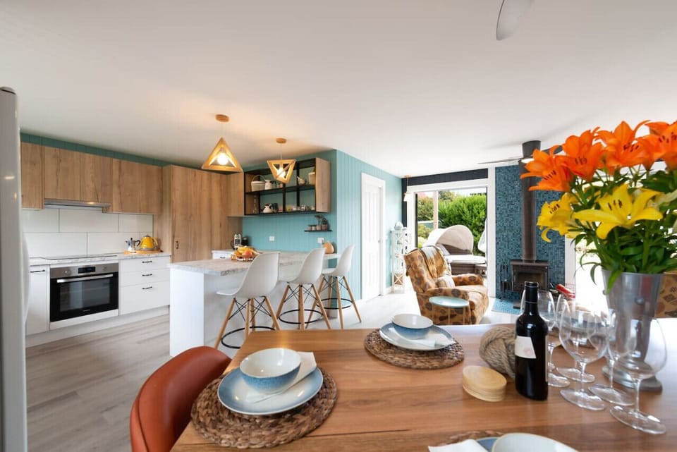 Open plan setting flows into dining area.