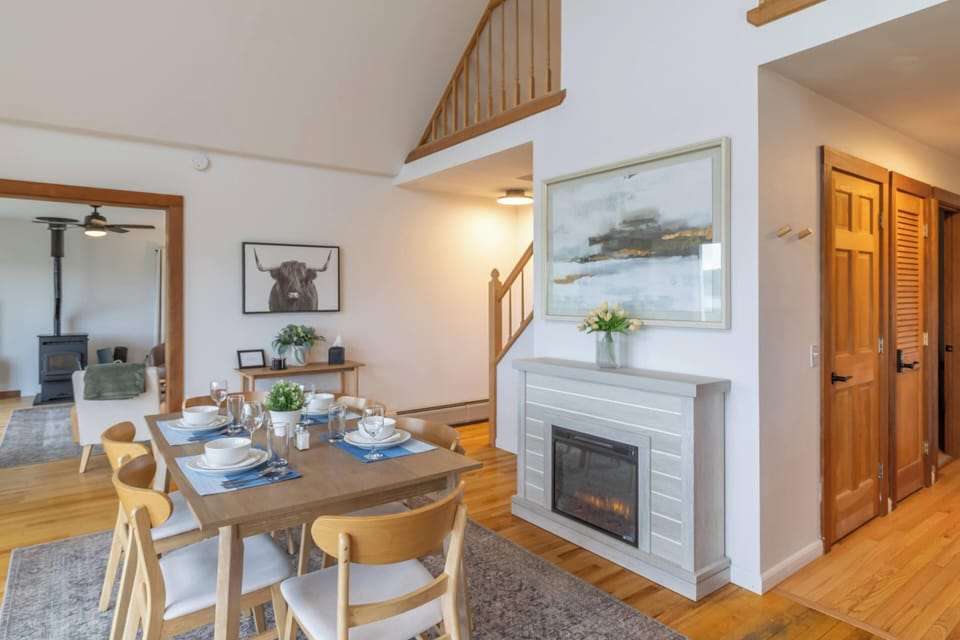 Enjoy the electric fireplace during the colder months