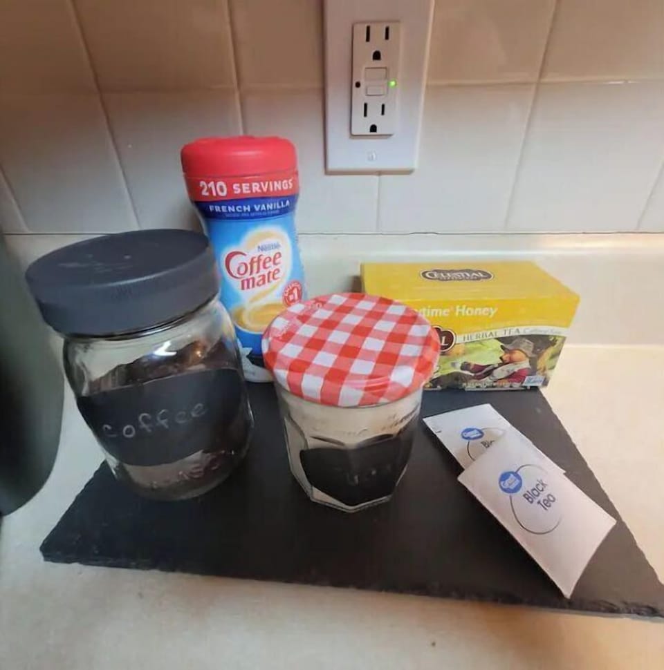 We provide a starter set of ground coffee, coffee filters,  sugar & pwdr creamer