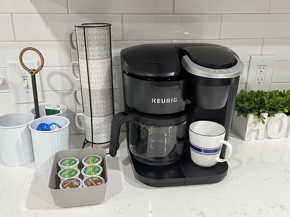 Keurig single serve and carafe. Coffee pods, creamers, sugar and tea available.