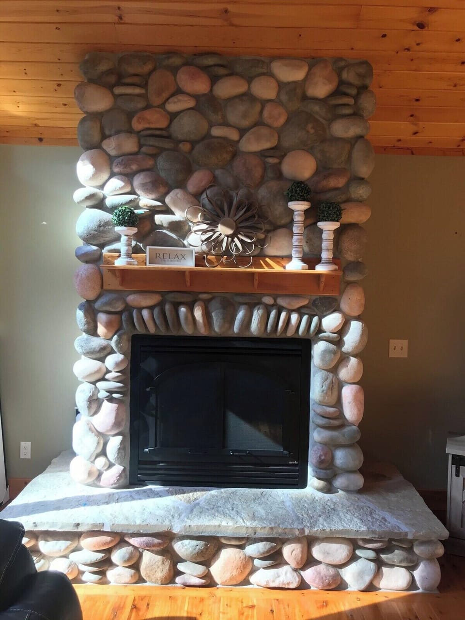 Gas fireplace with a fan adds a level of warmth on cooler nights.