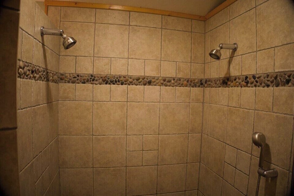 Master walk-in shower with two shower heads and shower massager.