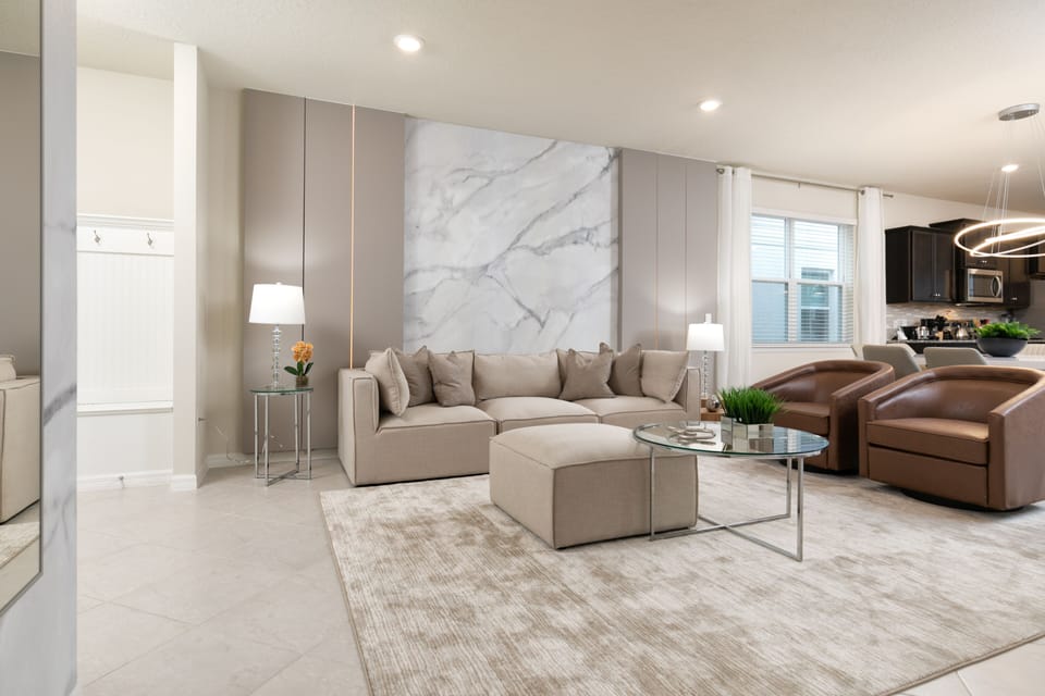 With light, neutral decor and comfortable sofas 