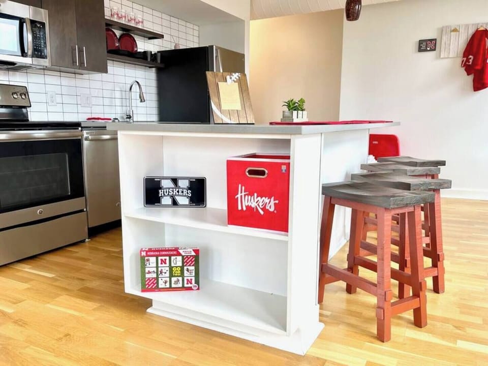 Board games and plenty of seating at the oversized kitchen island.