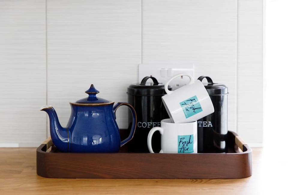 You'll find tea and coffee, as well as other essential kitchen items such as oil, salt, pepper and sugar.