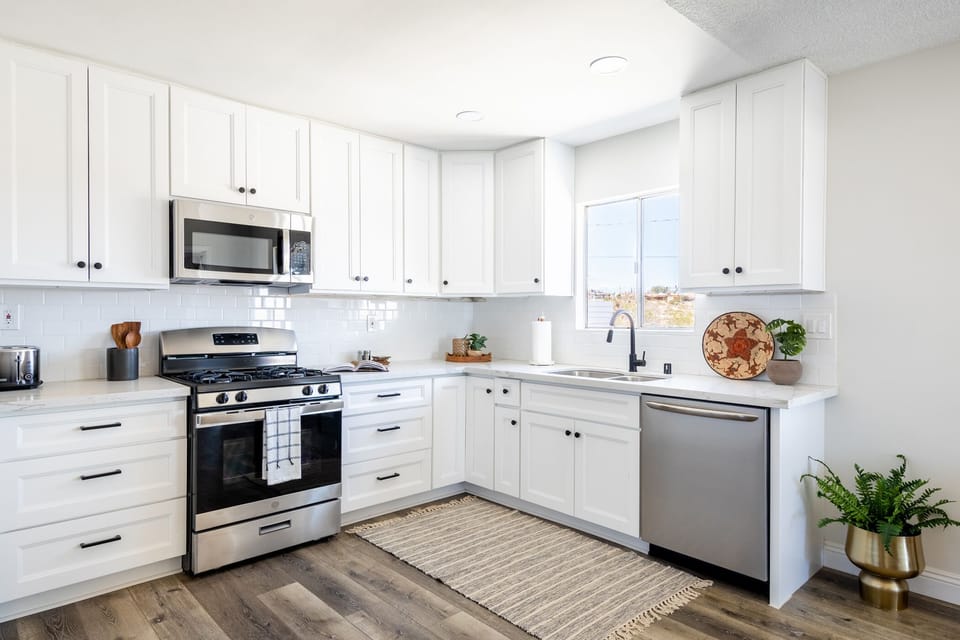 Modern kitchen with natural flowing light of the backyard