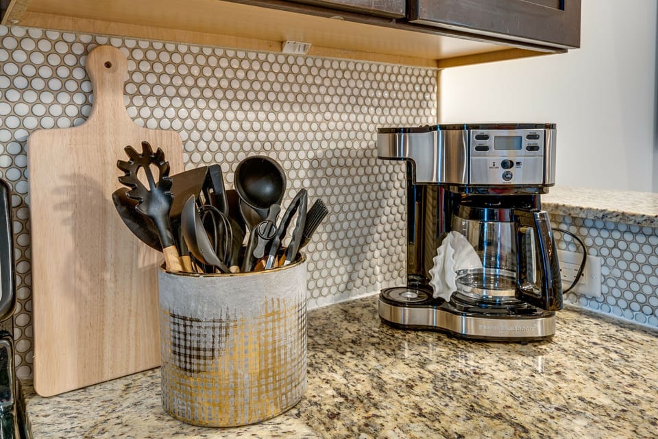Fully equipped kitchen with stainless steel appliances