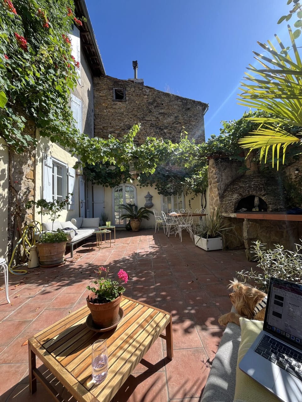 Private courtyard covered in roses and grape vines during the summer months with access to garage, washer and dryer.