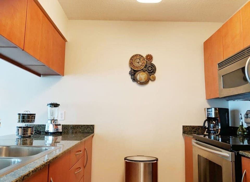 Kitchen appliances and cookware provided for guests to use!