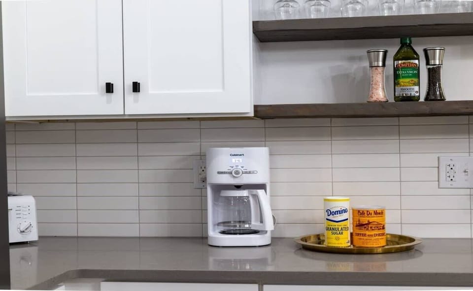 The fully-stocked kitchen comes with everything you need. Coffee, filters, cooking oil, and seasonings are provided!