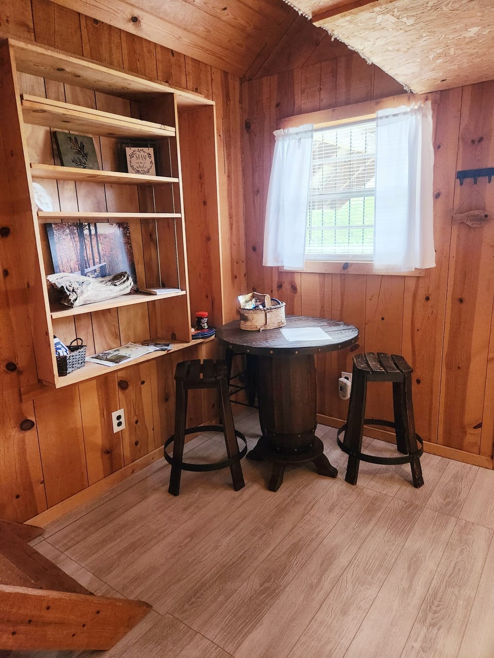 Dining room table with 4 stools.