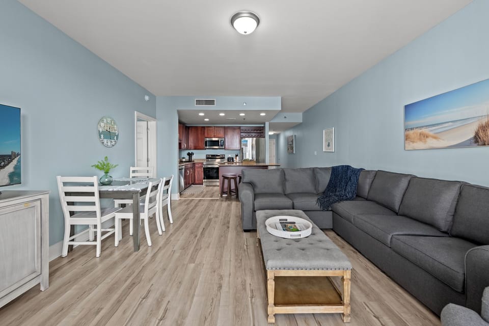 View from the balcony showing the main living space.  We have 1262 sq feet so there's room to spread out and not feel crowded.