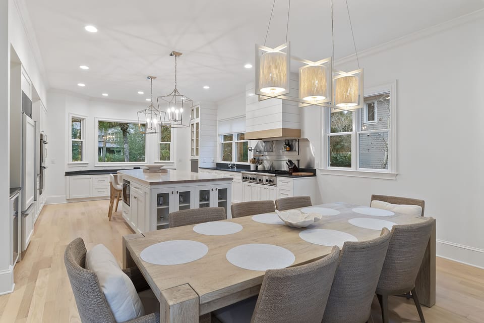 The dining table offers seating for eight.