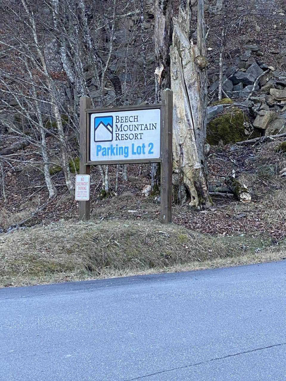 Beech Mountain Resort Parking Lot 2 entrance with clear signage.