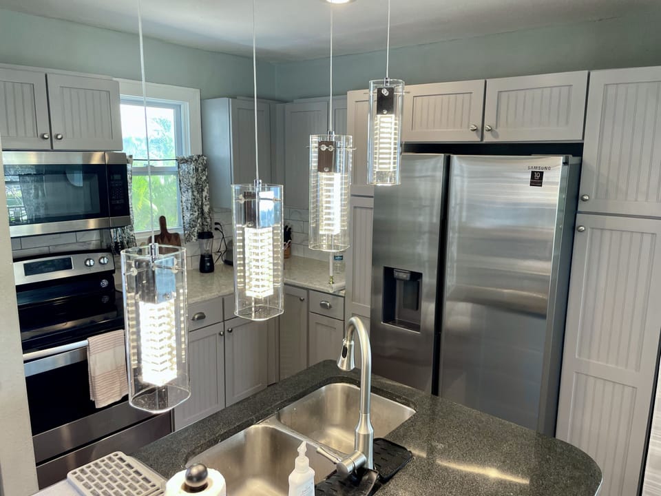 Stainless steel appliances 
fridge dishwasher microwave stove blender toaster