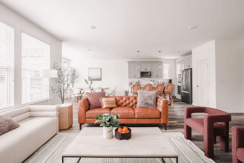 Open living, dining, and kitchen area
