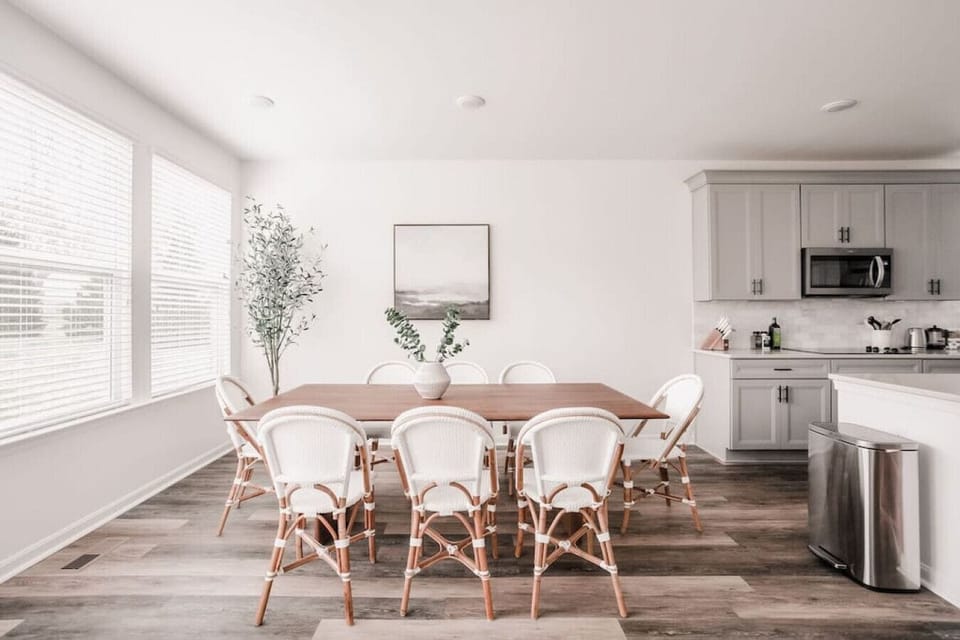 Dining table with Serena & Lily chairs for 8