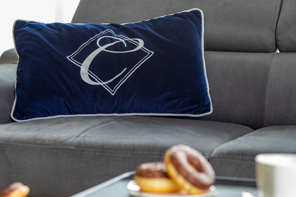 A detailed view of a blue cushion with white embroidery, resting on a gray sofa.
