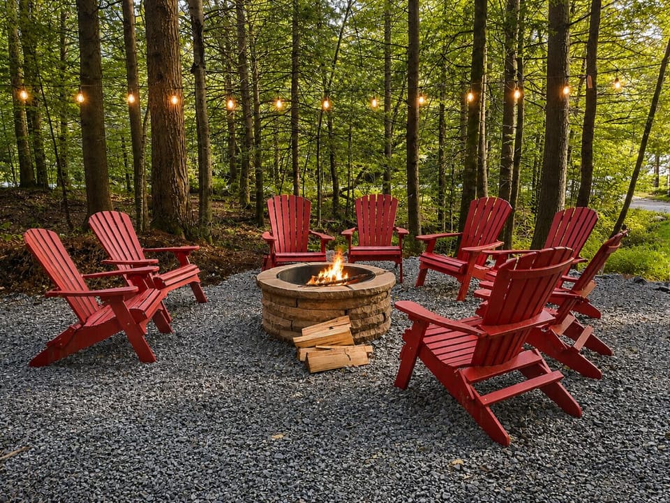 Cozy forest fire pit, Adirondack chairs, and string lights. Wood costs $12 per bundle.