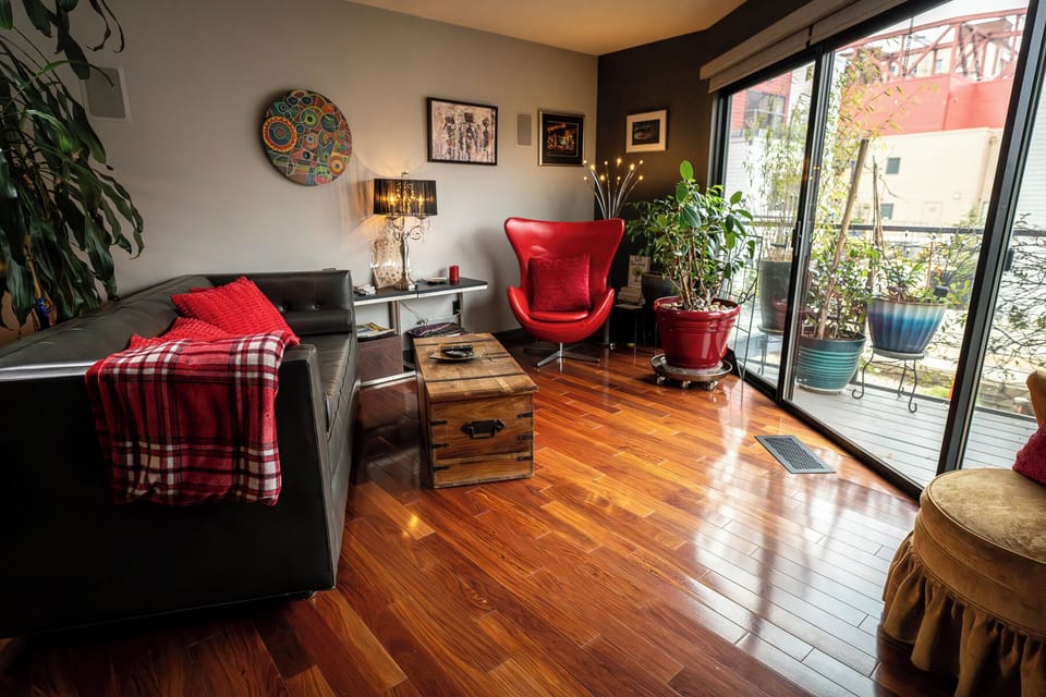 Beautiful wooden floors and remote control blinds upstairs too
