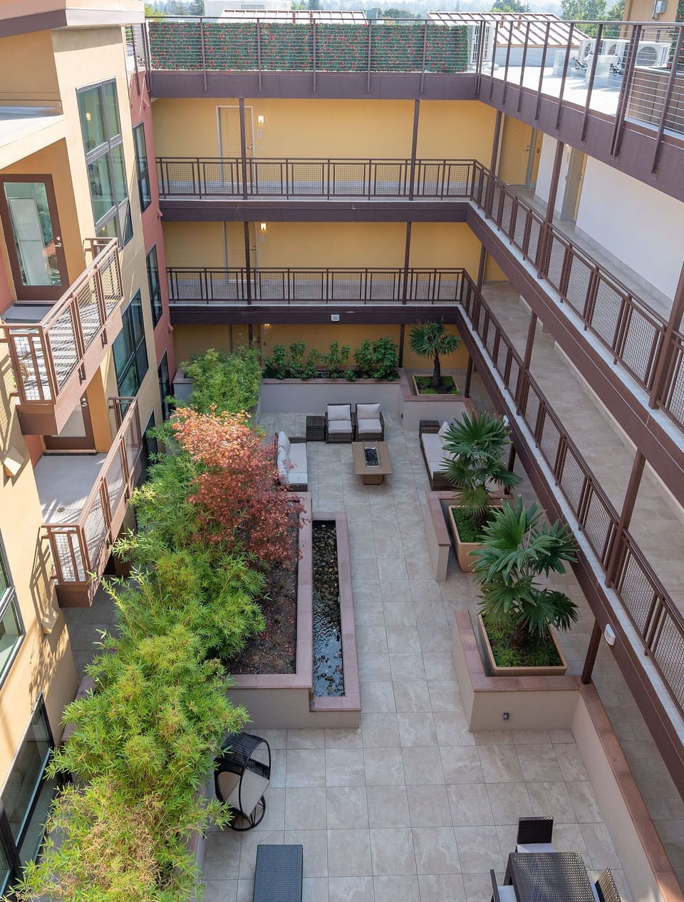 Looking down on the interior courtyard from the Roof Terrace above.