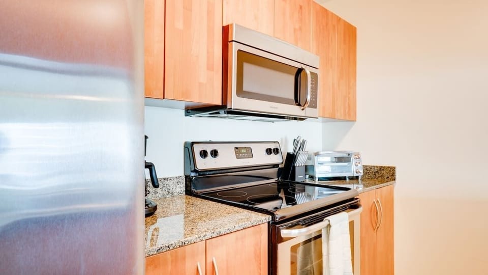 Kitchen appliances and cookware provided for guests to use!
