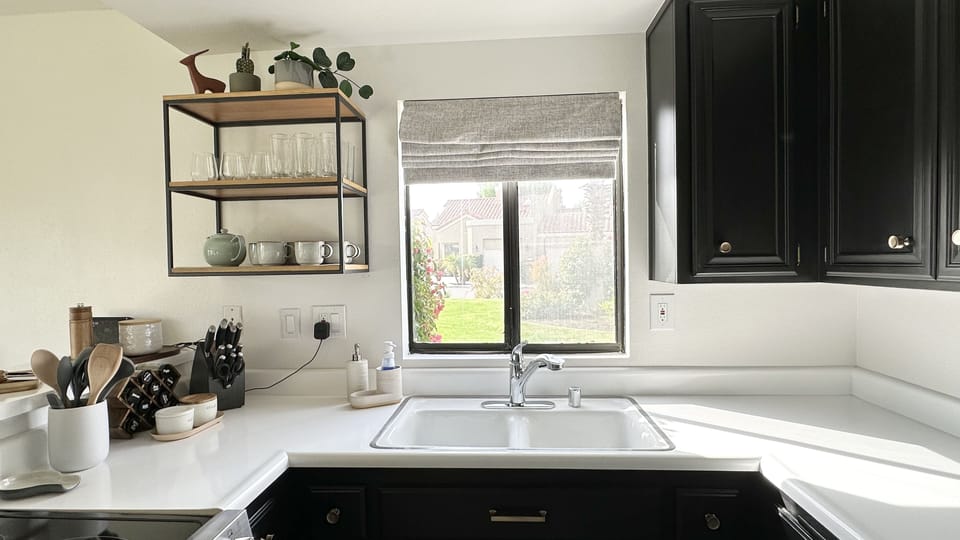 Bright kitchen with all new kitchen supplies and pantry stocked with essentials